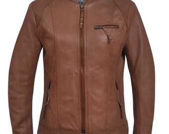 May include: A brown leather jacket with a zipper closure and a stand-up collar.