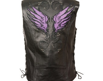 Woman&#39;s Leather Vest with Black or Purple Wings