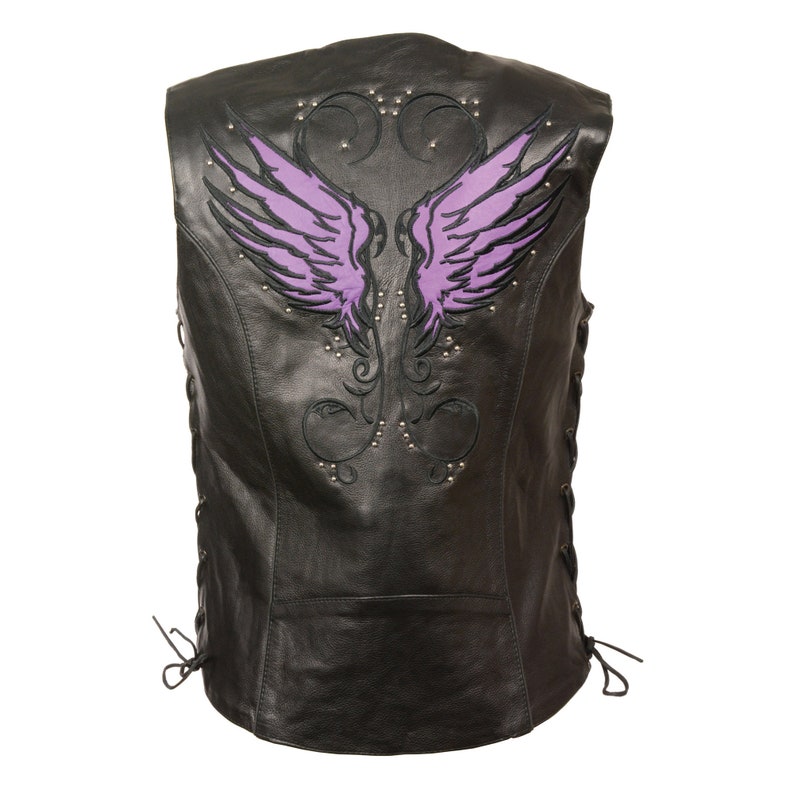 May include: Black leather vest with a purple embroidered design of wings and a floral pattern. The vest has a lace-up detail on the sides.