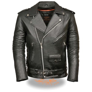 May include: Black leather motorcycle jacket with a zipper closure, two front pockets, and a belt at the waist.