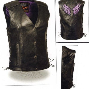 May include: Black leather vest with a lace-up side and a purple winged design on the back. The vest has a zip fastening and multiple pockets.