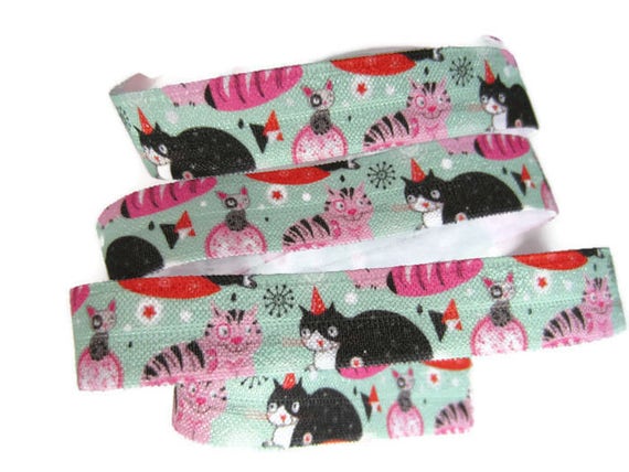 Party Cat Foe Kitty Fold Over Elastic Kitten Fabric Diy Etsy