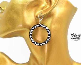 Black White Polka Dot Hoop Earrings, Hand Painted Wooden Circle Hoops, Extra Lightweight Dangles, Customization Available