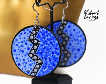 Abstract Blue Thunderbolt Earrings, Hand Painted Wooden Dangles