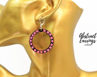 Hot Pink Polka Dot Hoop Earrings, Hand Painted Wooden Circle Hoops, Extra Lightweight Dangles with Lever Back Hooks, Customization Available