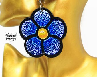 Jumbo Blue Flower Earrings, Hand Painted Wooden Dangles, Abstract Pointillism Dot Art Jewelry