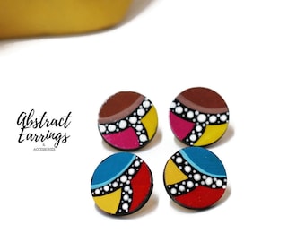 2 Pairs Abstract Studs - Artsy Retro Earrings - Cute Dotted Studs - Large Wooden Studs - Multicolor Earrings - Hypoallergenic Post Studs