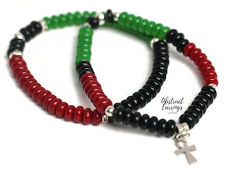 African Bead Bracelets with Ankh Charm - 2 Red Black Green Stretch Band Bracelets