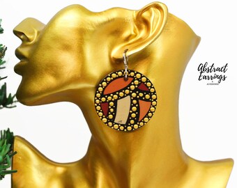 Hand Painted Multicolored Brown Earrings - Wooden Art Pattern Dangles