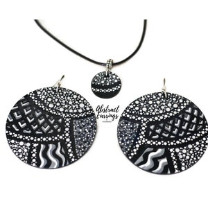 Hand Painted Art Jewelry Set - Wooden Earrings & Charm Necklace - Black White Abstract Jewelry  - Art Deco Style Large Earrings and Pendant