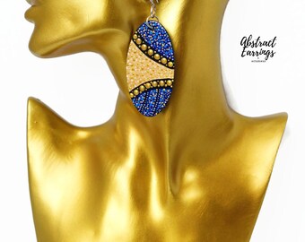 Long Hand Painted Oval Earrings: Wooden Art Dangles, Pointillism Dots