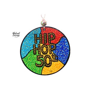 Wooden Hip Hop 50th Anniversary Art - Hand Painted Accent Sign - 5 inches DIY Ornament Accent - Abstract Colorful Decoration - Hiphop Music Celebration - Pointillism Dot Art Painting