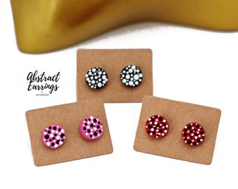 Polka Dot Art Stud Earrings: Hand-Painted Wood, Hypoallergenic (3 Pairs)
