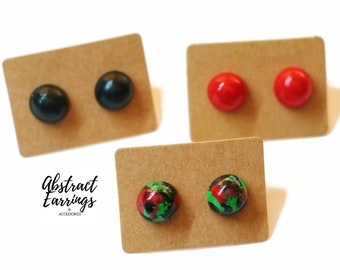 3 Pairs Round Stud Earring Set - Red Black Green Studs - Wooden Half Ball Earrings - Hand Painted Art Studs - Hypoallergenic Post