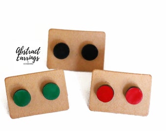 3 Stud Earring Pairs Set -  Red Black Green RBG - Solid Wood Circle Studs - Painted Men's Jewelry Gift Set - Unisex Accessories for Him Her