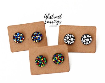 Polka Dot Stud Earring Set - Galaxy Stars Art Studs - Unique Circle Round Studs - Hypoallergenic Post Studs - Wooden Hand Painted Studs