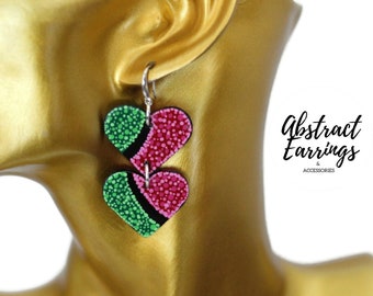 Pink Green Heart Earrings - Valentines Day Gift for Her - Wooden Heart Dangles - Hand Painted Art Jewelry - Long Colorful Connector Dangles