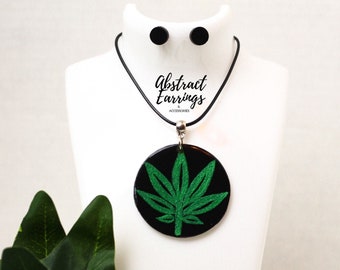 Marijuana Leaf Jewelry Set - Pendant Necklace & Stud Earrings - 420 Cannabis Pot Art - for Weed Smoker - Unisex Gift for Him or Her