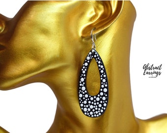 Long Polka Dot Hoops - Black and White Dangles - Polkadot Hoop Earrings - Elongated Abstract Art Earrings - Hand Painted Dots - Clearance