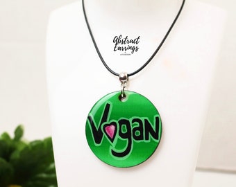 Vegan Love Pendant Necklace - Valentines Day Gift for Vegans - Hand Painted Word Art - Vegan Message Statement - Resin Wood Medallion Charm