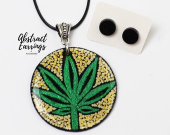Handmade Pot Leaf Jewelry Set: Pointillism Pendant Necklace & Stud Earrings