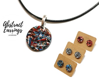 Abstract Mens Jewelry Set - Stud Earrings & Pendant Necklace - Unique Hand Painted Wood Jewelry - Unisex Art Jewelry Gift