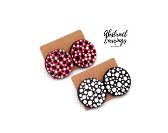 Polka Dot Stud Earring 2 Set, Pink Black White Color, Wooden Handmade Studs, Hypoallergenic Circle Post Earrings, Hand Painted Dots