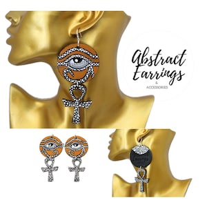 Hand-Painted Eye of Horus Ankh Earrings: Egyptian Gold Jewelry
