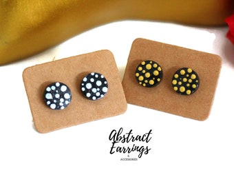 2 Pairs Polka Dot Studs - Earrings Gold Silver Black - Polkadot Jewelry - Wooden Handmade Studs - Hypoallergenic Post - Abstract Art Studs