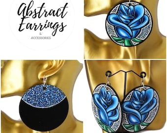 Cubism Blue Rose Earrings - Original Fine Art Jewelry - Custom Hand Painted Flower Earrings - Wooden Lightweight Dangles - Gift for Her
