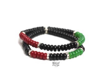 African Afrocentric Bead Bracelet Set of 2 - Red Black Green Stretch Band Wrist Wear