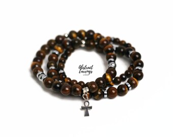 3 Brown Tiger Eye Hematite Bracelet Set - Gemstone Stretch Band Bracelets
