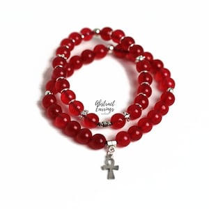 2 Ruby Red Jade Gemstone Bracelets with Ankh Charm - Root Chakra Stretch Band Bracelets