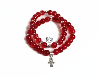 2 Ruby Red Jade Gemstone Bracelets with Ankh Charm - Root Chakra Stretch Band Bracelets