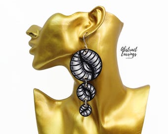 Original Art Optical Illusion Earrings: Hand Painted Wooden Tiered Dangles, Extra Long Drop Connectors, Sterling Silver Hooks