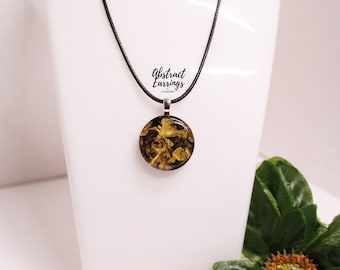 Metallic Gold Black Pendant Necklace - Mens Abstract Flow Art Charm - Handcrafted Wooden Resin Jewelry - Gift for Him Husband Dad Boyfriend