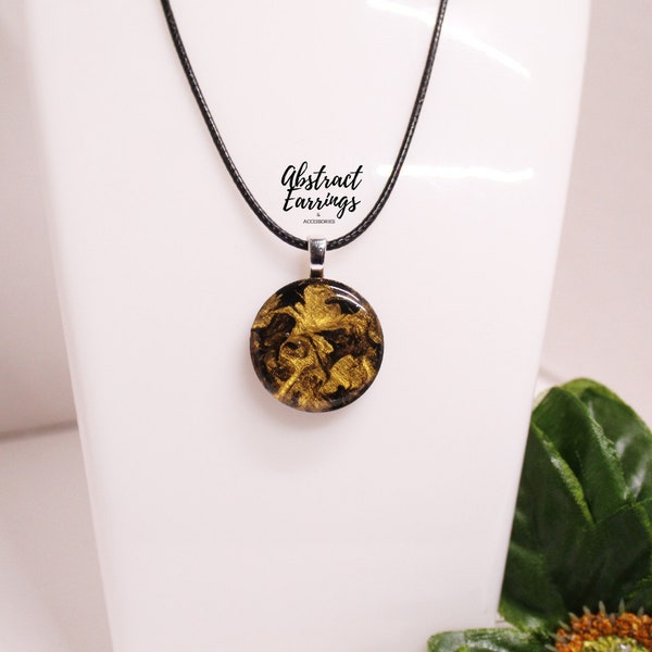 Metallic Gold Black Pendant Necklace - Mens Abstract Flow Art Charm - Handcrafted Wooden Resin Jewelry - Gift for Him Husband Dad Boyfriend