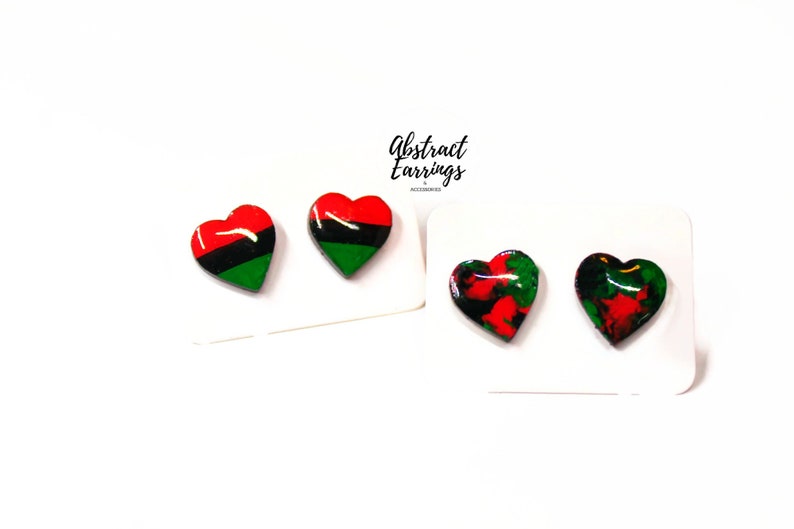 Pan African Stud Heart Earrings - 2 Pairs Earring Set - Wooden Studs - Hypoallergenic Stainless Steel Post - Valentines Day Gift - Black History Month