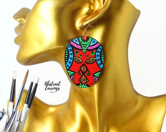 Colorful Tribal Mask  Earrings - Hand Painted Wooden Jewelry - Bold Funky Statement Dangles - Native Inspired - Abstract Art Face Earrings