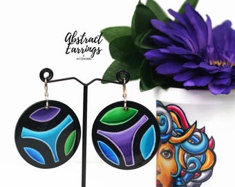 Hand Painted Abstract Art Earrings: Ombre Colors - Circle Wooden Jewelry
