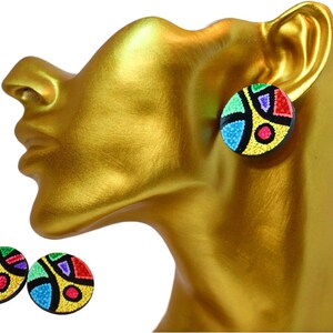 Große hölzerne Ohrstecker, bunte handgefertigte Ohrringe, abstrakte Pop Art, hypoallergene Post, Kreis Ohrringe für Frauen