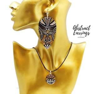 Afrikanische Maske Schmuck Geschenk Set, Ohrringe & Halskette - Afrocentric Hand bemalte Holzschmuck - Native Indigenes Tribal Art - Unikat