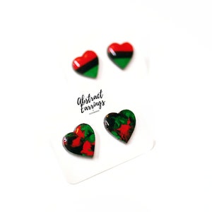 Pan African Stud Heart Earrings - 2 Pairs Earring Set - Wooden Studs - Hypoallergenic Stainless Steel Post - Valentines Day Gift - Black History Month