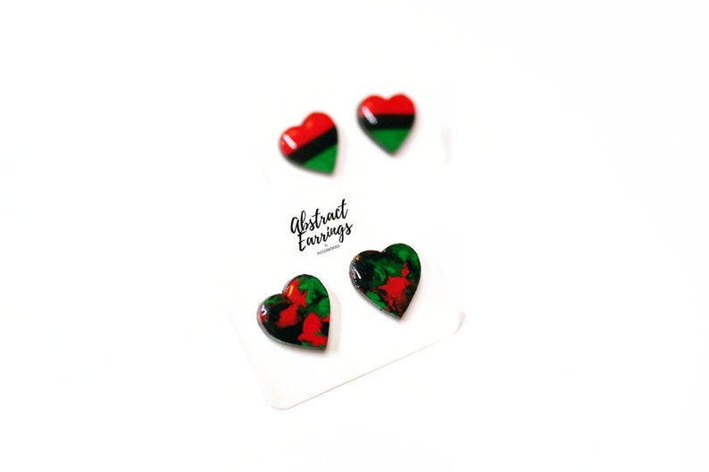 Pan African Stud Heart Earrings - 2 Pairs Earring Set - Wooden Studs - Hypoallergenic Stainless Steel Post - Valentines Day Gift - Black History Month