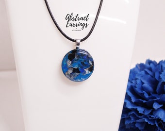 Men Abstract Blue Pendant Necklace - 1 inch Flow Art Charm - Hand Painted Wooden Resin Jewelry - Gift for Him Husband Dad Boyfriend