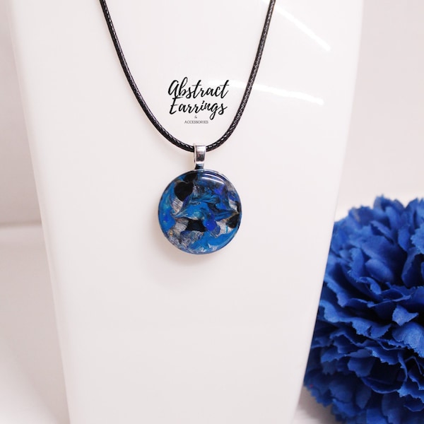 Men Abstract Blue Pendant Necklace - 1 inch Flow Art Charm - Hand Painted Wooden Resin Jewelry - Gift for Him Husband Dad Boyfriend
