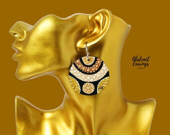 Queen Mother Goddess Earrings - Brown Golden Goddess Earrings - Cosmic Royal Mother Jewelry - Art Deco Dot Design - Hand Painted Earrings