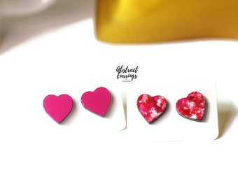 Pink Heart Stud Earring Set, Valentines Day Gift for Her, Hand Painted Art Studs, Handcrafted Wood Jewelry, Hypoallergenic Heart Shaped Stud