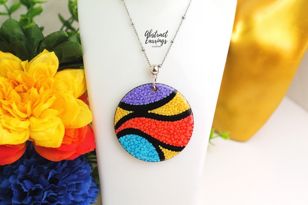 Abstract Art Pendant Necklace Colorful Hand Painted Jewelry Large ...