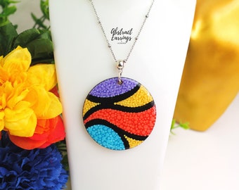 Abstract Art Pendant Necklace - Colorful Hand Painted Jewelry - Large Wooden Resin Charm - Retro Inspired - Color Block Art